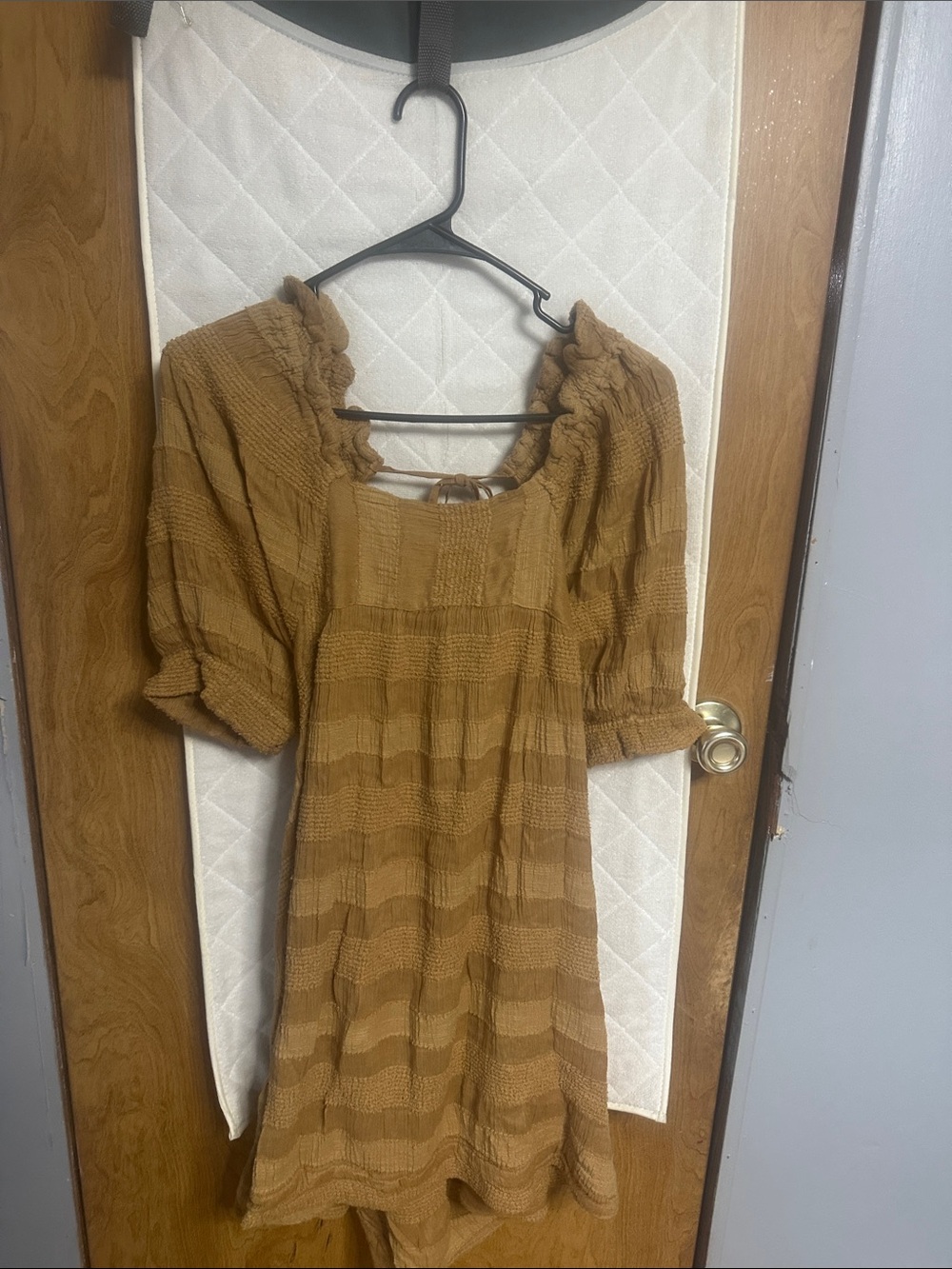 Free People Tan Textured Puff-Sleeve Mini Dress